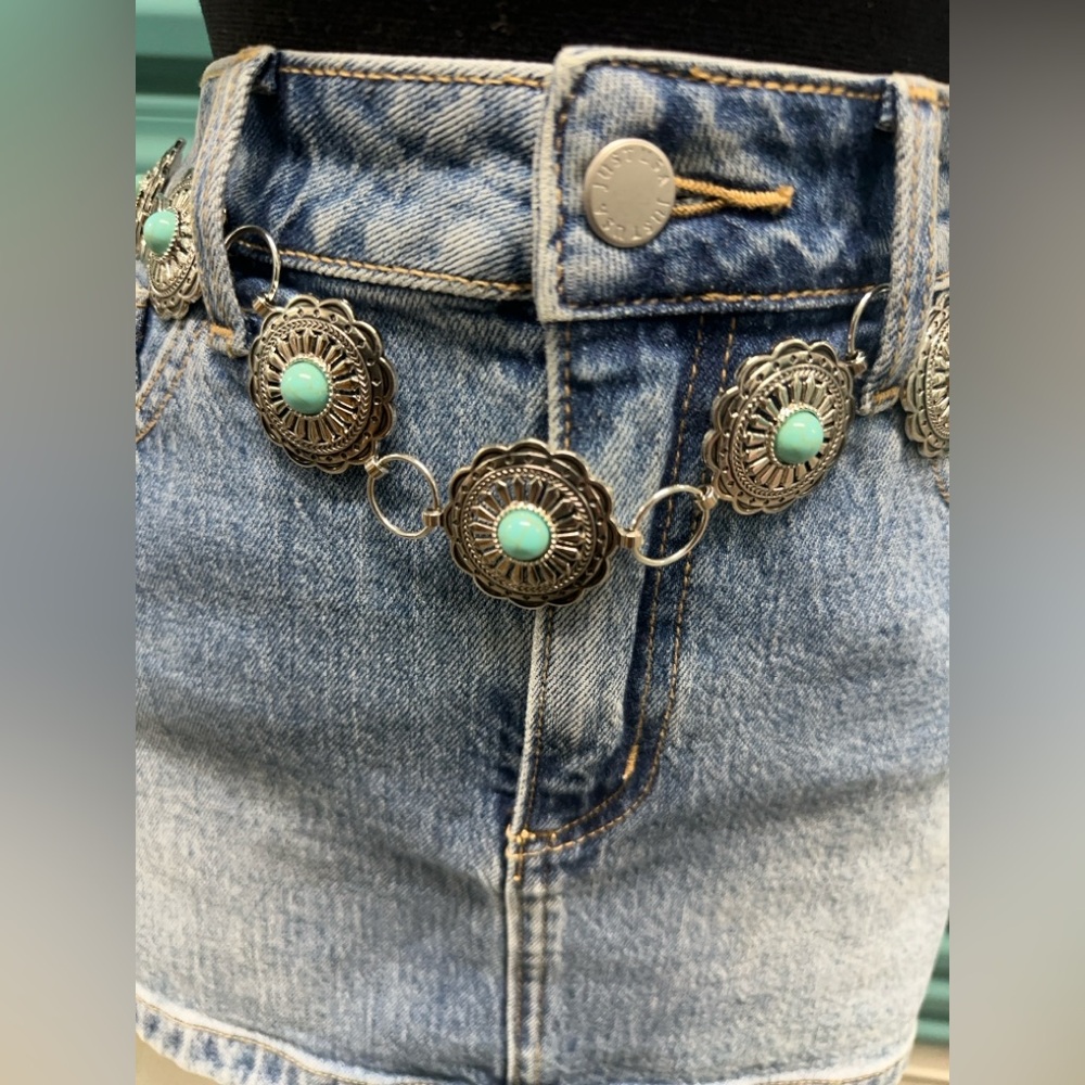 Western Silver and Turquoise Concho Waist Chain Belt for Women - Picture 3 of 10